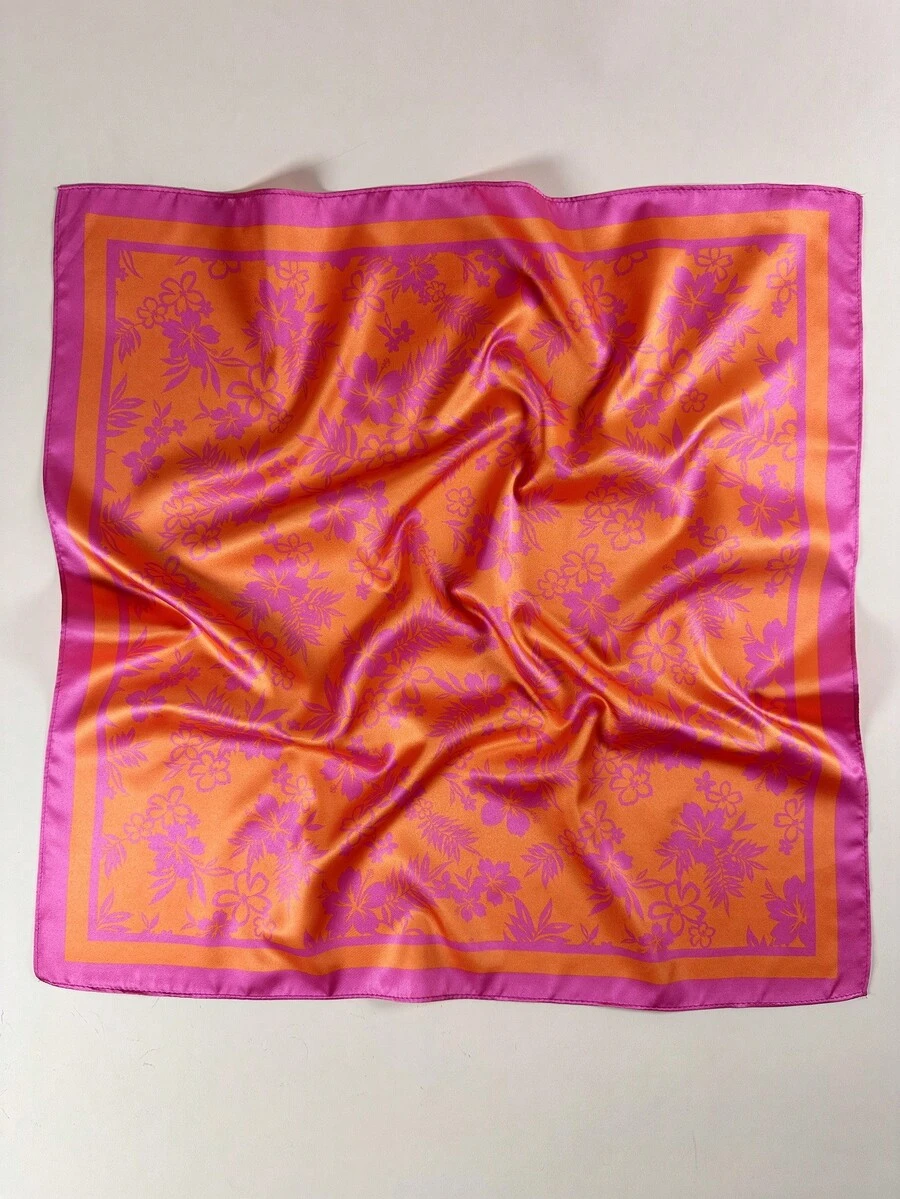 1 chiếc khăn choàng cổ bằng satin thanh lịch in họa tiết hoa và lá nhiệt đới phong cách Bohemian dành cho nữ, có thể dùng làm khăn trùm đầu, khăn quàng cổ hoặc phụ kiện váy. - Màu Hồng Tươi - Xem 1