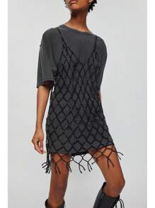 DEKUNER Beaded Backless Maxi Dress Design, Fashionable Hollow Out Crochet V-Neck Body Chain With Cute Bow, Versatile Women Gift - Black Long - View 2