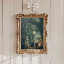 1pc, Canvas Hanging Painting, Framed Art Decoration, Ready To Hang, Wall Arts, Posters, Wall Art With Frame, Vintage Gothic Witch Mural In The Magic Forest, Mythical Witch Halloween Poster Print, Witchcraft Mural, Mysterious Dark College, Fall, Halloween, Halloween Autumn Decoration, Room Decoration, Dormitory Decoration ,Halloween Decor Home Decor Fall Decor