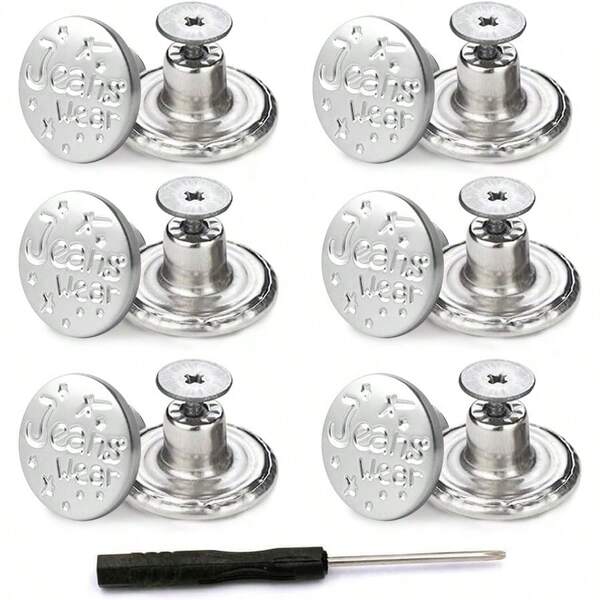 12 Sets 17mm Replacement Jean Buttons For Sewing Metal JeansNosew Nailess Removable Metal Jean Buttons Thread Rivets And Screwdrivers Replacement Repair Combo FD2025