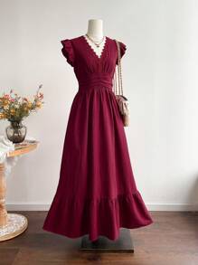 Rusttydustty Women's V-Neck Patchwork Lace Lace And Ruffle Fly Sleeves, Pleated Waist Cinching Dress,Cyber Monday Christmas Halloween New Year's Wear Party