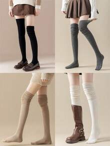 1双女士白色蕾丝拼接过膝袜，适合搭配装饰性高筒靴，复古风格，舒适袜子