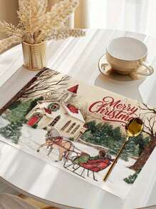 1/2/4pcs 30x45cm Christmas Theme Placemats, Vintage Christmas Snowy Landscape, Christmas Carriage Pattern Placemats, Kitchen Dining Table Decor, Decorative Accessories, Tableware Mats, Room Decor, Dining Table Decor