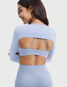 Women Crop Top Long Sleeve Bolero Open Front Workout Cropped Shirts Sports Shrug - Blue - View 5