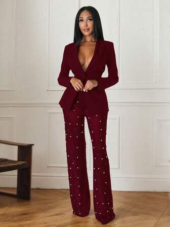 Women's Black Shawl Collar Blazer And Sheer Beaded Mesh Pants Suit Set With Buttons, Medium Stretch Regular Sleeve Formal Outfit,Black, White, Burgundy,Autumn/Winter Women's Christmas Set,Deep V-Neck Design,Evening Gown