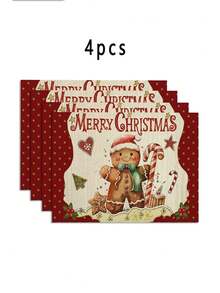 4 Pieces Of Christmas Gingerbread Man PVC Woven Placemats For The Christmas Tree, Reusable And Washable, Farmhouse Winter Christmas Holiday Family Kitchen Table Decoration Placemats.