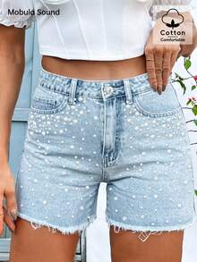 Quần short denim đính ngọc trai giả thời trang cỡ lớn dành cho nữ, thích hợp mặc vào mùa xuân/hè, mặc hàng ngày, tiệc sinh nhật, du lịch, biểu diễn sân khấu, sân bay - Màu xanh lam - Xem 6