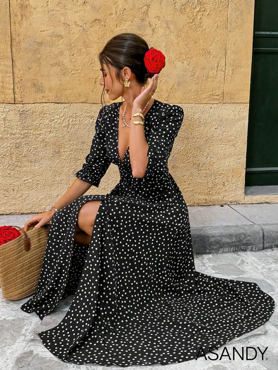 Women's Deep V-Neck Polka Dot Mid-Sleeve Button Front Casual Dress - Black - View 1