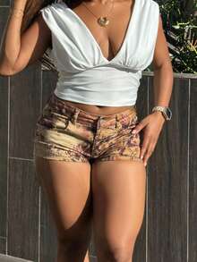 Tyla Gomez Shorts vaqueros de mujer de talle bajo con estampado de leopardo y floral, estilo de moda callejera, verano Y2K - Multicolor - Ver 4