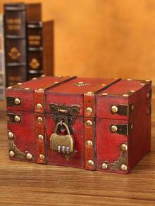 1 件复古绿色木制方形珠宝盒，大号欧式木制储物盒，带锁和密码的工艺道具，百宝箱 - 復古紅 - 查看 12