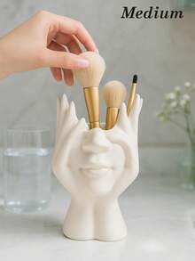 1pc Large Or Medium Hands Face Makeup Brush Holder, Vanity Organizer For Bathroom Countertop, Cosmetic Brush Storage Jar, Sculptural Makeup Organizer Cup, Minimalist Brush Stand For Bathroom, Bedroom, Dressing Table, Gift Idea - White - View 7