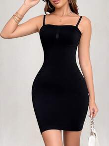 1pc Women's Seamless Shaping Slip Dress, Tummy Control, Removable Straps & Smooth Silhouette For Under Dresses Or Daily Wear - Black - View 5