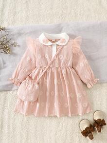 Baby Mädchen süßes langärmliges Hemdkragen Patchwork Kleid mit Zubehörtasche, geeignet für Strandurlaub, Herbst