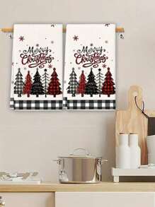 2pcs Christmas Hand Towels, Plaid & Christmas Tree Pattern Design, Advent Gift, Christmas Surprise, Cleaning Cloths, Kitchen And Dining Decor, Outdoor Party Supplies, Suitable For Christmas Kitchen And Bathroom Decoration