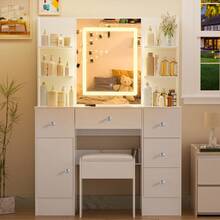 Tocador con espejo y luz LED, escritorio con 5 cajones y taburete - Perfect For Organizing Makeup, Skincare, Elegant Vanity|Decorative Vanity, Vanity Furniture, Compact For Small Space, Bedroom Decor Gift, Perfect Gift For Women Girls , Ideal para regalos de Navidad y Halloween. - Blanco - Ver 8