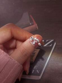 1 件方晶锆石蝴蝶结戒指，时尚奢华优雅甜美可爱风格小众设计可调节开口戒指，适合日常佩戴、派对、活动 - 銀色 - 查看 5