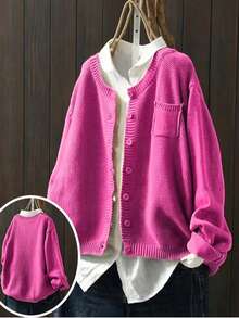 女士休闲加大码长袖开衫，带侧袋，秋冬粉色 - 粉色 - 查看 1