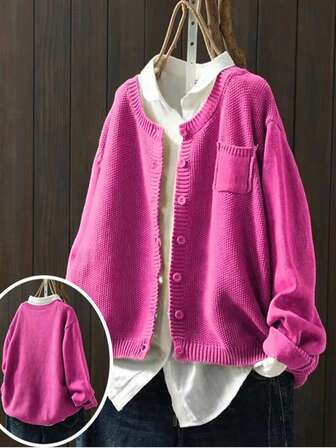 秋冬季女士休闲加大码长袖开衫，带侧袋