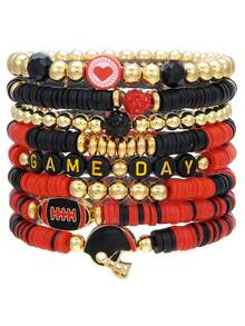 比赛日手链 女士足球手链 红黑蓝 聚合物粘土串珠弹力手链 可叠戴 运动足球手链 手镯 足球妈妈配饰 服装 珠宝礼品