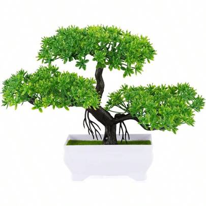 CZ Mini Artificial Bonsai Tree Plants With Plastic Cement Pots For Home Office Decor Green 8434