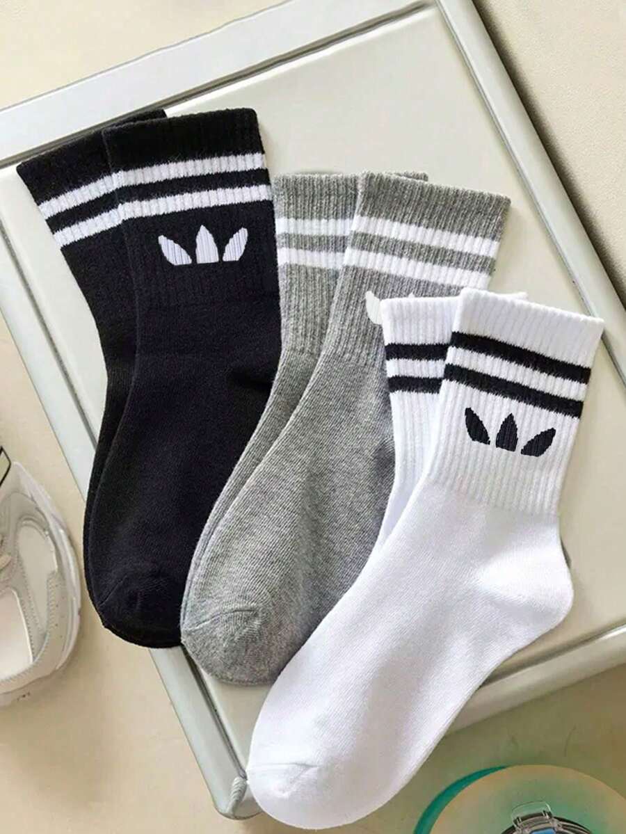 1/3/6/9 双黑/白/灰条纹男女通用中筒袜,适合户外活动,中筒休闲袜,男女通用冬季袜子,高筒袜,秋季 - 彩色 - 查看 1