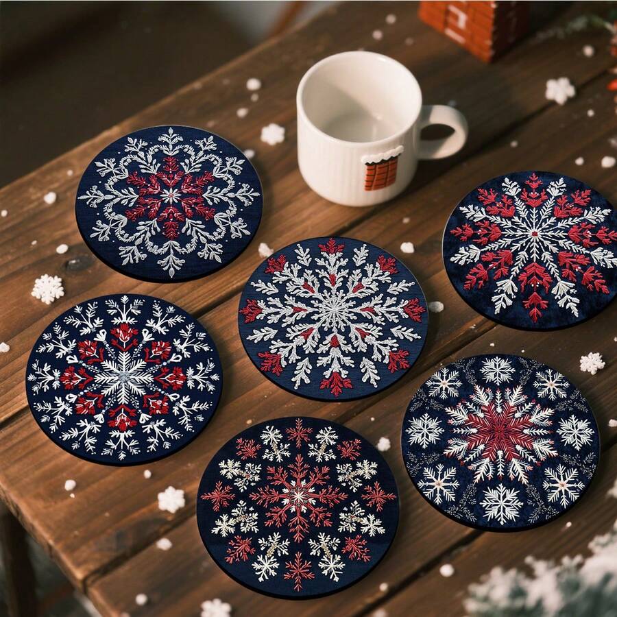 1set/4pcs/6pcs/300pcs Snowflake Red White Embroidery Christmas Pattern Diatom Mud Coasters, Coffee Coasters, Home And Restaurant Multi-Occasion Decorations, Daily Gifts, Table Decorations, Daily Decorations, Theme Party Decorations - Multicolor - View 1