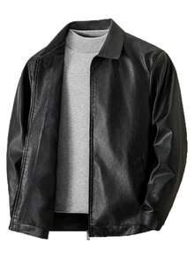 男士时尚休闲PU皮夹克，长袖摩托车夹克，男士必备皮夹克，都市黑色夹克，送朋友、丈夫、男友的礼物 - 黑色 - 查看 3