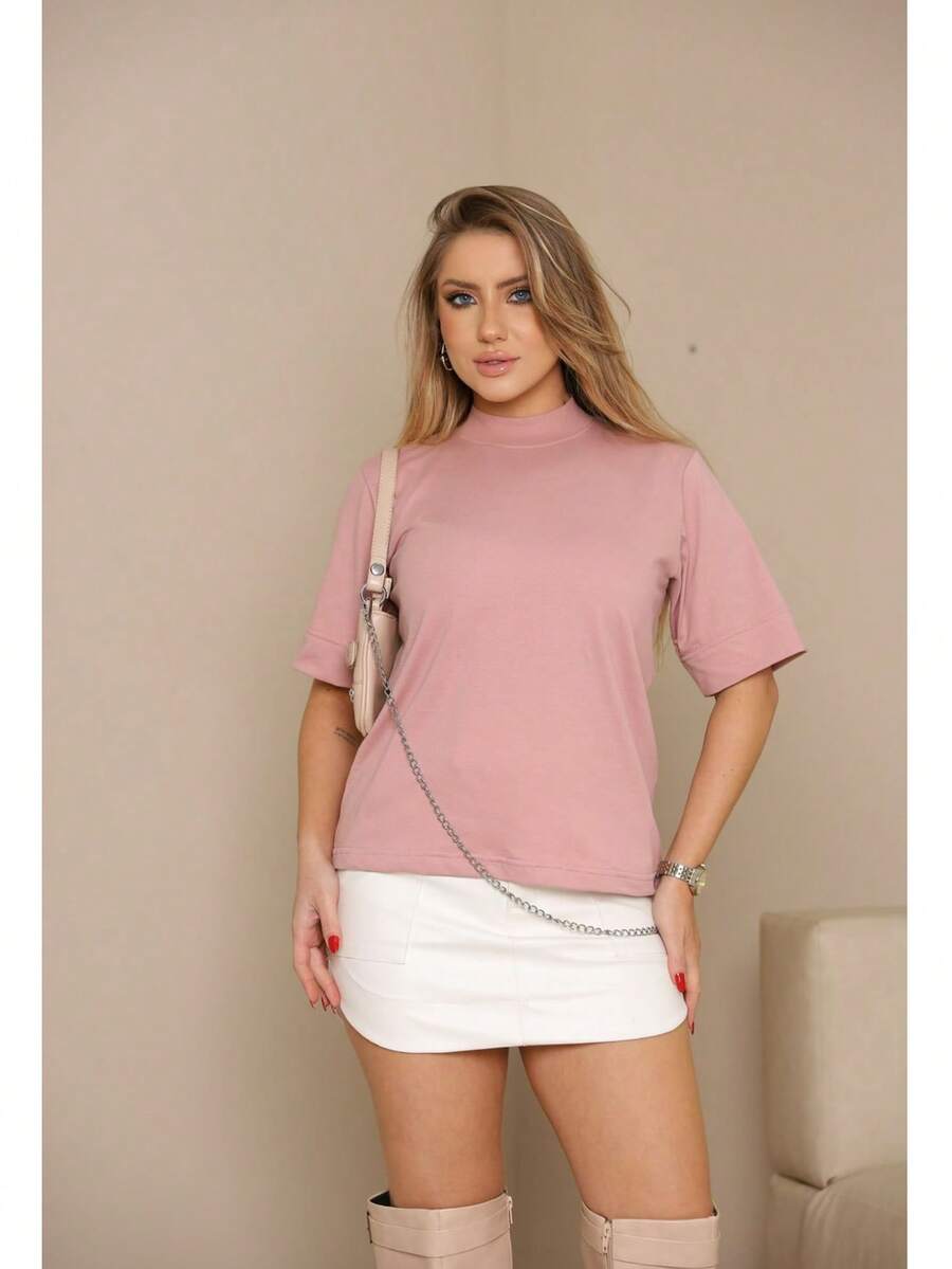 Zaara Inspired High Neck Cotton T-Shirts Plain Casual Striped T-Shirt Women's Blouse 100% Cotton T-Shirt Basic Fashion Tee - 玫瑰金色 - 查看 1