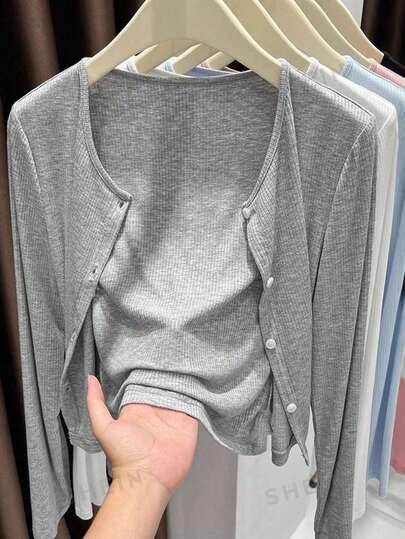 1pc Women's Asymmetrical Button Knit Cardigan, Long Sleeve Lightweight Shawl Collar Outwear, Black/White/Gray/Pink