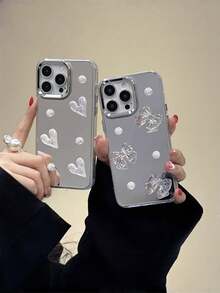 1pc Laser Heart Pearl Phone Case With Makeup Mirror, Compatible With IPhone 17/17 Air/17 Pro/17 Pro Max, Compatible With IPhone 16-7/Pro/Pro Max/Plus, S10-S25/Ultra/FE/Plus/Ultra, Compatible With Redmi, - Elegant Girly 3D Decor, Delicate & Cute Portable, Niche Design, Anti-Drop & Scratch,International Version, Not The Domestic Version - Silver - View 2