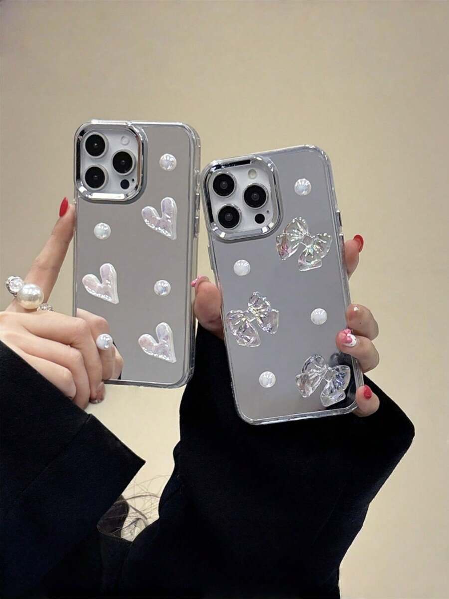 1pc Laser Heart Pearl Phone Case With Makeup Mirror, Compatible With IPhone 17/17 Air/17 Pro/17 Pro Max, Compatible With IPhone 16-7/Pro/Pro Max/Plus, S10-S25/Ultra/FE/Plus/Ultra, Compatible With Redmi, - Elegant Girly 3D Decor, Delicate & Cute Portable, Niche Design, Anti-Drop & Scratch,International Version, Not The Domestic Version