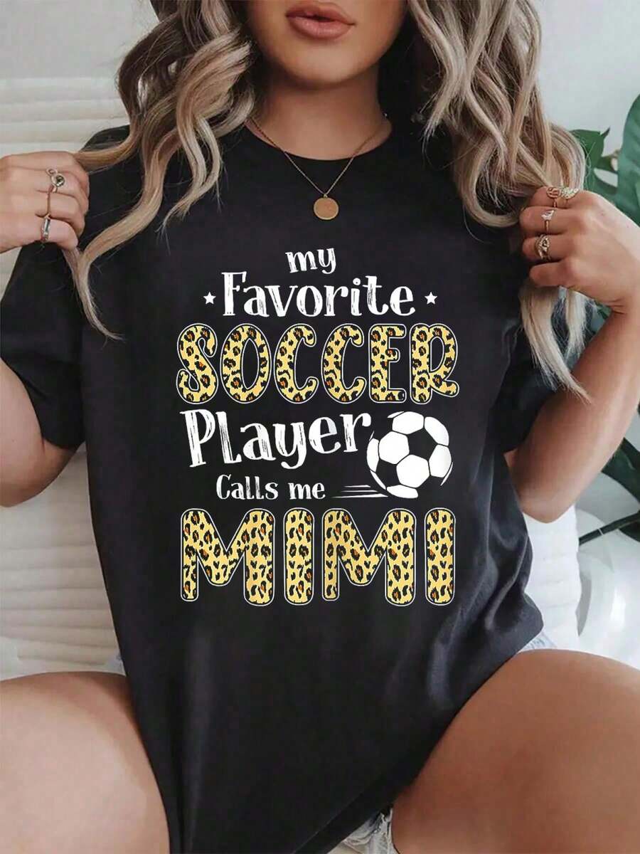100% Cotton My Favorite Soccer Player Calls Me Mimi Leopard T-Shirt Shirt For  Women - 黑色 - 查看 1