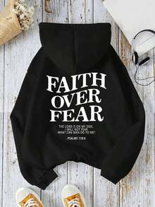 Women Spring And Autumn Loose Casual Hoodie With Slogan And Printed Long Sleeves FAITH OVER FEAR THE LORD IS ON MY SIDE I WILL NOT FEAR WHAT CAN MAN DO TO ME PSALMS 118: 6,Long Sleeve Tops Graduation,Back To School Outfits,Graduation,Teacher Outfits For Women,Back To School Pullover Fall Outfit Plaid Cotton Ladies Autumn Clothing - 黑色 - 查看 2