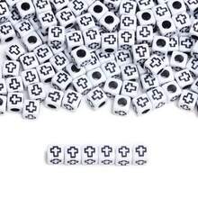200/600Pcs 6mm Square/7mm Flat Round Acrylic Beads Cross Pattern Beads Loose Spacer Beads For Jewelry Making DIY Bracelets Accessories - 白底黑字/方形 - 查看 4