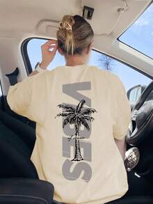 女士简约椰树标语印花休闲圆领短袖T恤，简约百搭，适合日常和度假穿着。图案T恤，女款，白色、黑色、粉色，夏季款 - 杏色 - 查看 7