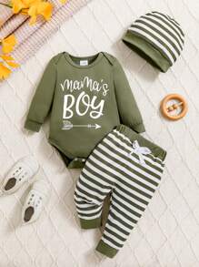 Baby Boy Blue Letter Print Long Sleeve Top, Striped Pants And Hat, Autumn/Winter - Green - View 1