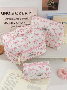Pink Bow Pattern Cosmetics Storage Bag Large Capacity Travel Toiletry Bag Lovely Heart Print Makeup Bag Foam Quilted Travel Essentials Organizer Bag Cute Ribbon Bow Print Makeup Pouch Soft Fabric Skincare Storage Bag Small Items Storage Bag Soft Fabric Home Items Storage Bag Portable Cosmetics Organizer Bag With Zipper Make Up Holder Brush Bag - Pink - View 3