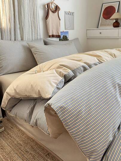 3pcs 100% Cotton Nordic Plaid Bedding Set, 2 Pillowcases + 1 Duvet Cover