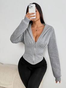 1pc Vintage Loose Fit Sweatshirt, Versatile American Style Zip-Up Jacket - Grey - View 5