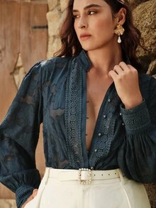 Anewsta Áo cánh tay dài cổ đứng họa tiết hoa jacquard thanh lịch cỡ lớn cho nữ, trang phục đi nghỉ và năm mới - Xem 1