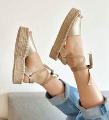 Alpargatas bajas de mujer sandalias cuñas sandalias de piso abiertas con listón acojinadas suela antideslizante alpargatas para playa vacaciones dama womens shoes Minas del rey zapatos  Playa    Hebilla  cruz    Vacación - Dorado - Ver 1