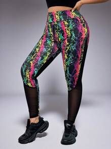 1 件女士加大码时尚性感高腰运动印花撞色网眼多功能户外骑行瑜伽紧身裤 - 黑色 - 查看 6