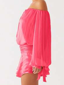 Women's Tube Top Mini Dress Fashionable Backless Strapless Long Sleeve Smocked Ruffled Dress - Hot Pink - View 6