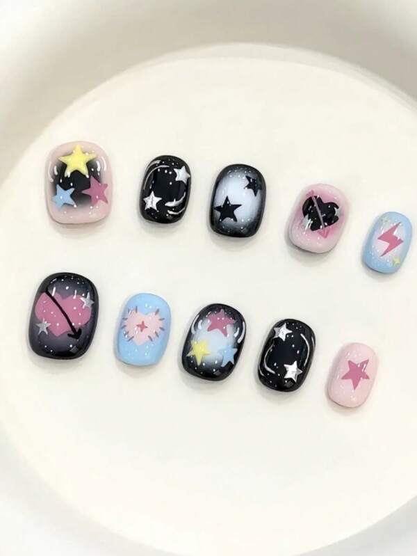 10 Unhas Postiças Curtas Quadradas Falsas Pintadas à Mão com Estrelas Coloridas, Corações Rosas e Tons de Céu, Doces e Legais para Uso Diário, Adequadas para Senhoras e Meninas, Entusiastas de Arte de Unhas DIY