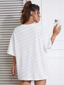 女士 100% 纯棉，我没有迟到，渐变字母图案 T 恤，现代法国口号印花，春夏休闲风格，适合年轻女性，是送给她的绝佳礼物，特价，轻便时尚的 T 恤。 - 白色 - 查看 4
