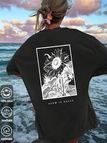 2025女款黑色印花T恤，向日葵印花设计，休闲风格，100%纯棉，透气面料，剪裁舒适，夏季穿着，亲肤耐用 - 黑 - 查看 1