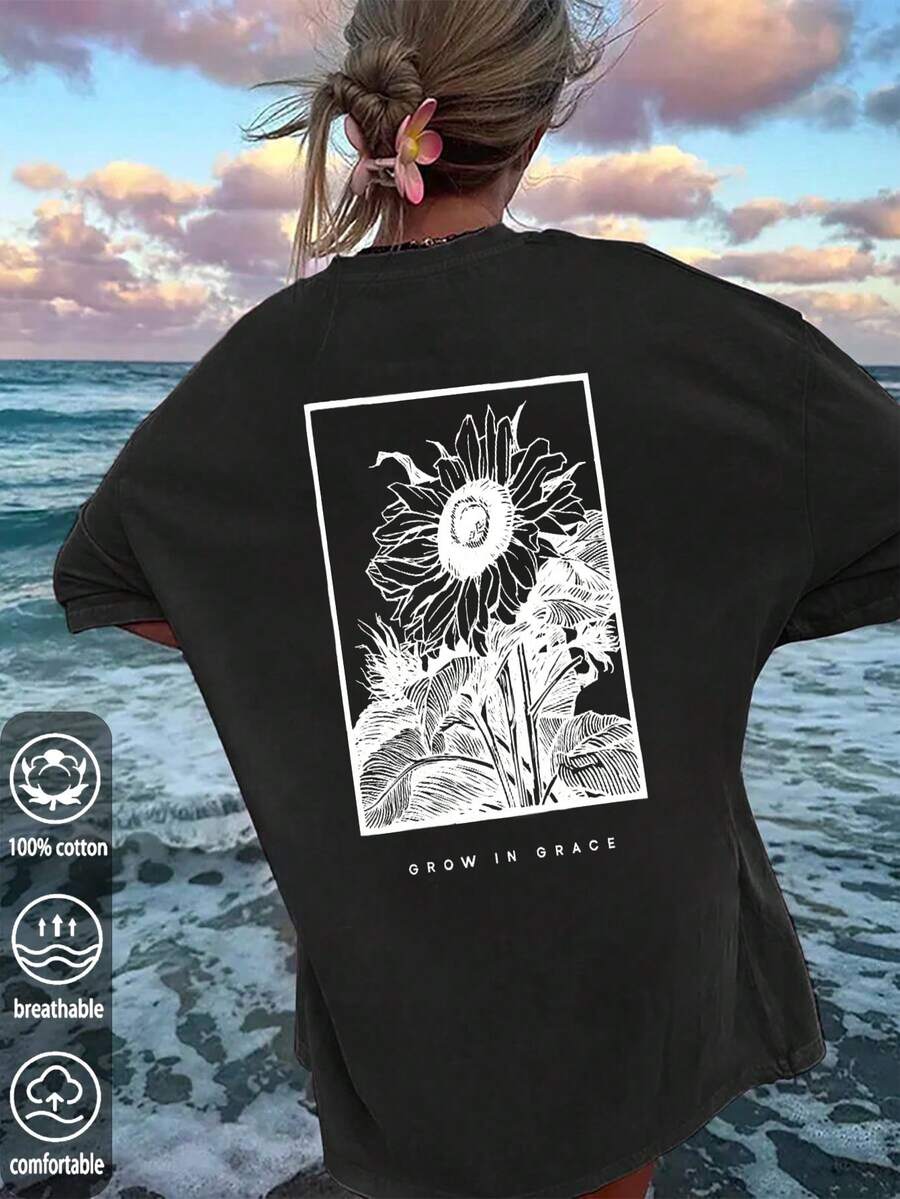 2025女款黑色印花T恤，向日葵印花设计，休闲风格，100%纯棉，透气面料，剪裁舒适，夏季穿着，亲肤耐用 - 黑 - 查看 1