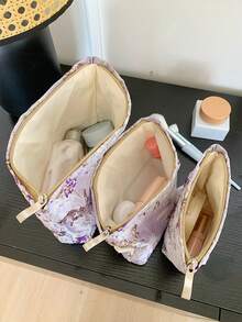 1 件紫色压花花卉图案大容量化妆包，女士化妆包，化妆品收纳包手提包沐浴淋浴钱包袋便携式化妆品刷收纳包带拉链封口，可装口红、刷子、护肤品、手机、硬币、小物件，适合家庭、旅行、度假和学校使用，化妆包化妆袋，可作为婚礼伴娘礼物、妈妈礼物、生日礼物、送给朋友和老师的礼物 - 彩色 - 查看 4
