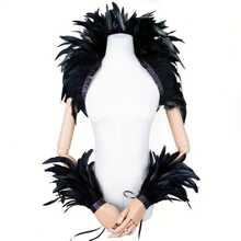 3pcs Gothic Halloween Costume Black Dark Feather Shawl, Arm Sleeves, Witch/King Cosplay Accessories For Carnival Party, Bar Performance - 黑色 - 查看 1