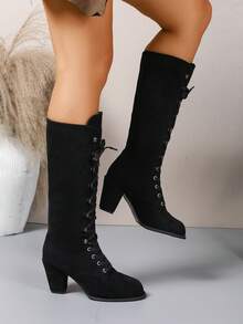 Giày bốt nữ thời trang cao đến giữa bắp chân năm 2026, màu trơn, gót vuông dày, buộc dây với khoen kim loại, kiểu dáng thanh lịch phù hợp cho mọi mùa, thích hợp cho hẹn hò, mua sắm, đi làm, dự tiệc, ngày Valentine, Giáng sinh. - màu đen - Xem 4